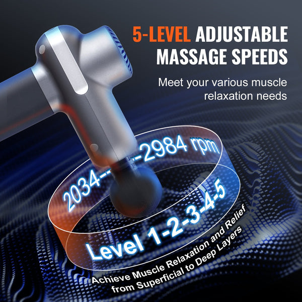 Vevor Massage Gun Deep Tissue Percussion Muscle Massager For Athletes With 5 Speed Levels & 6 Heads 7.4V 2500Mah Batteries Handheld Electric Pain Reli