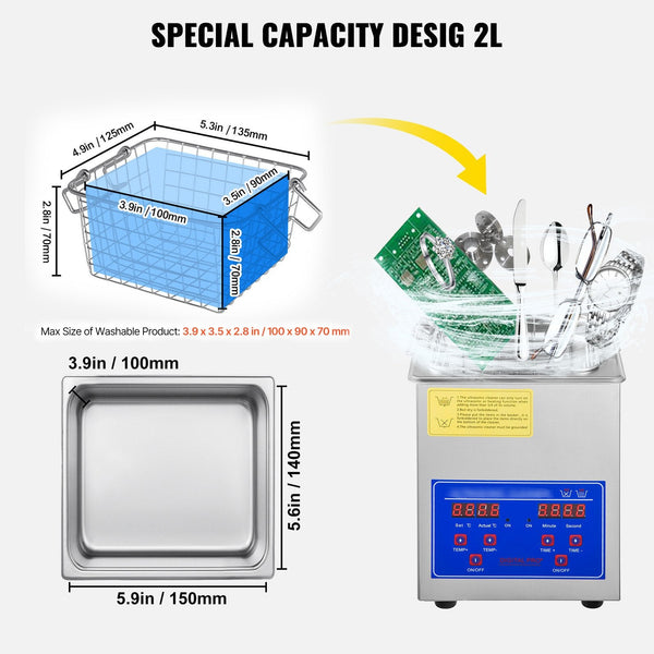 Vevor Ultrasonic Cleaner 2L Jewelry Cleaning With Digital Timer Machine For Jewellery Rings Watches Eyeglasses Dentures Coins Metal Parts Commercial A