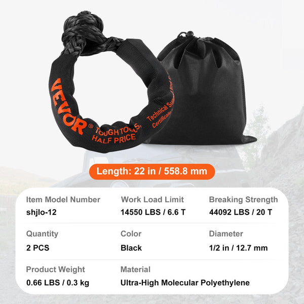 Vevor Synthetic Soft Shackle Rope 2 Pack 12.7 X 558.8 Mm 20 Ton Breaking Strength Recovery Tow Shackles With Extra Sleeves And Storage Bag For Utv Atv