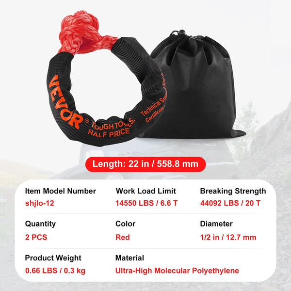 Vevor Synthetic Soft Shackle Rope 2 Pack 12.7 X 558.8 Mm 20 Ton Breaking Strength Recovery Tow Shackles With Extra Sleeves And Storage Bag For Utv Atv