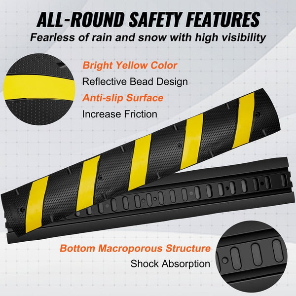Vevor 6 Ft Rubber Speed Hump 2 Channel 10000 Kg/Axle Load Capacity Heavy Duty Traffic Bump With High Reflective Yellow Strip 4 Expansion Screws And Dr