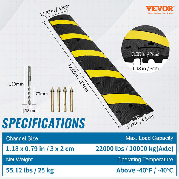 Vevor 6 Ft Rubber Speed Hump 2 Channel 10000 Kg/Axle Load Capacity Heavy Duty Traffic Bump With High Reflective Yellow Strip 4 Expansion Screws And Dr