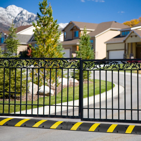 Vevor 6 Ft Rubber Speed Hump 2 Channel 10000 Kg/Axle Load Capacity Heavy Duty Traffic Bump With High Reflective Yellow Strip 4 Expansion Screws And Dr