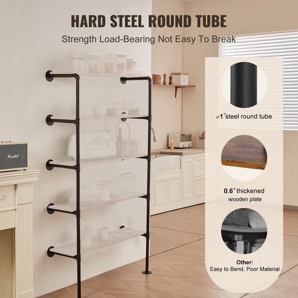Vevor Industrial Pipe Shelf 5 Tier 2Pcs 9.84In Applicable Board Width Wall Mount Floating Rustic Wood Shelves Bracket Bookshelfstorage Holder For Kitc