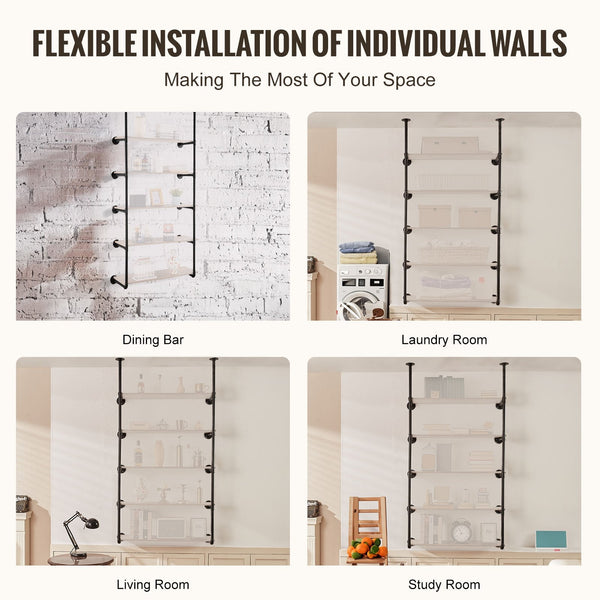 Vevor Industrial Pipe Shelf 5 Tier 2Pcs 9.84In Applicable Board Width Wall Mount Floating Rustic Wood Shelves Bracket Bookshelfstorage Holder For Kitc