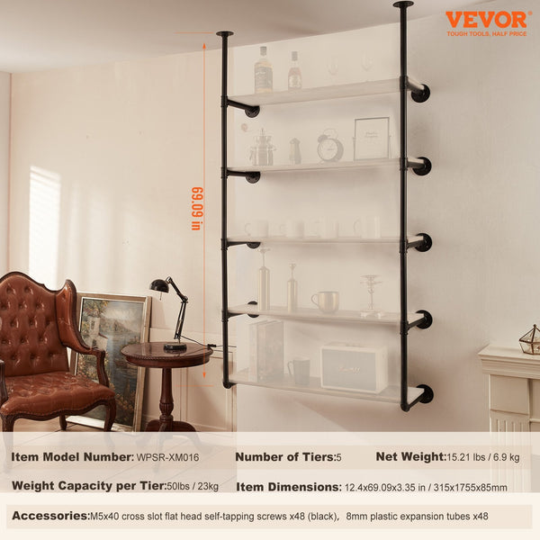 Vevor Industrial Pipe Shelf 5 Tier 2Pcs 9.84In Applicable Board Width Wall Mount Floating Rustic Wood Shelves Bracket Bookshelfstorage Holder For Kitc