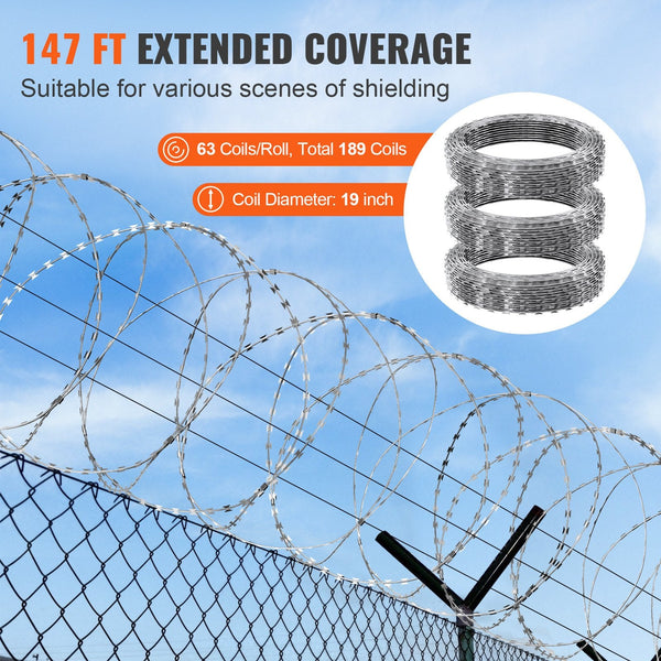 Vevor Razor Wire Barbed 147Ft 3Rolls Fencing Double Spiral Fence Panels