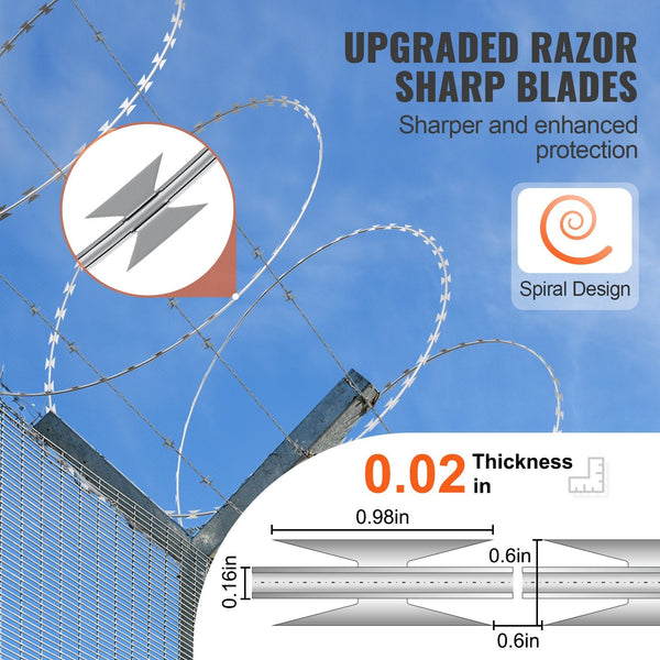 Vevor Razor Wires 98 Ft Barbed 2 Rolls Fencing Fence Ribbon Galvanized For Garden Fence Panels