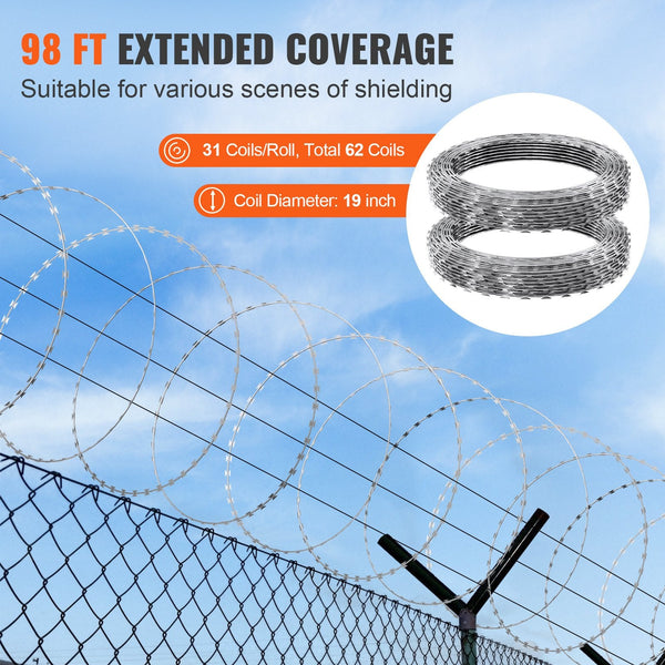 Vevor Razor Wires 98 Ft Barbed 2 Rolls Fencing Fence Ribbon Galvanized For Garden Fence Panels
