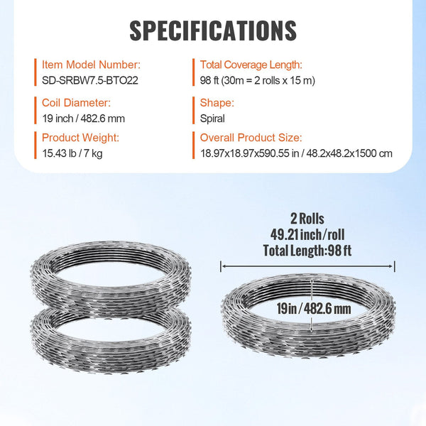 Vevor Razor Wires 98 Ft Barbed 2 Rolls Fencing Fence Ribbon Galvanized For Garden Fence Panels