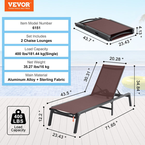 Vevor Chaise Lounge Chair Outdoor Patio Adjustable 5 Position 2 Pcs Patio Chairs