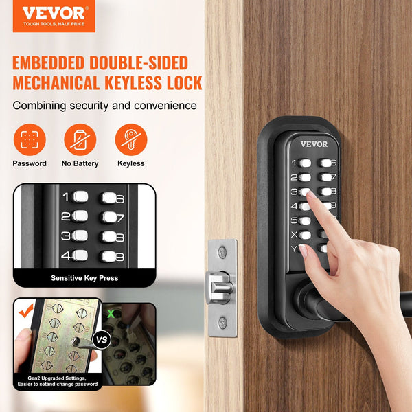 Vevor Mechanical Keyless Entry Door Lock 14 Digit Keypad Water Proof Zinc Alloy Double Sided Embedded Outdoor Gate Locks Set With And Handle Easy To I