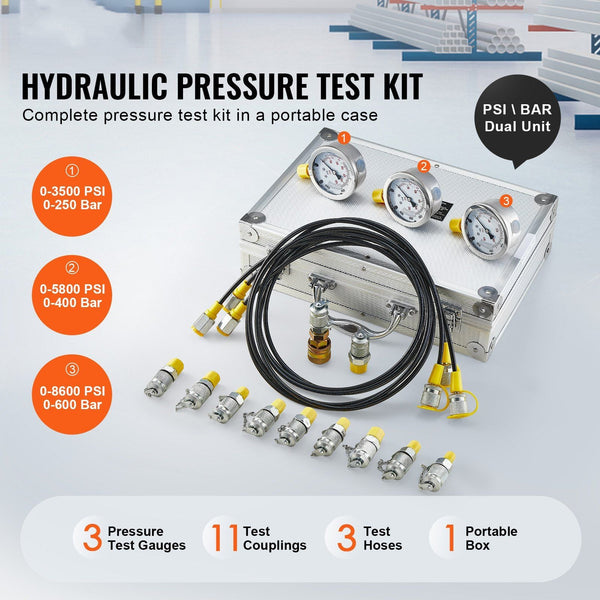 Hydraulic Pressure Test Kit 250/400/600Bar 3 Gauges 11 Couplings Hoses Excavator Set With Portable Carrying Case For Tractors Construction Machinery O