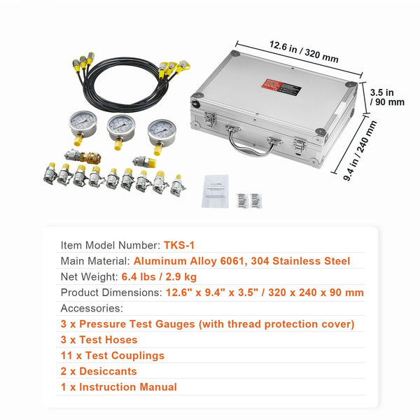 Hydraulic Pressure Test Kit 250/400/600Bar 3 Gauges 11 Couplings Hoses Excavator Set With Portable Carrying Case For Tractors Construction Machinery O