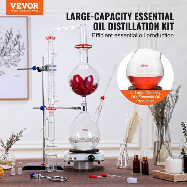 Vevor Essential Oil Distillation Kit 2000Ml Apparatus 3.3 Boro Lab Glassware With 1000W Heating Plate And 24 40 Joint 28 Pcs Set Equipment