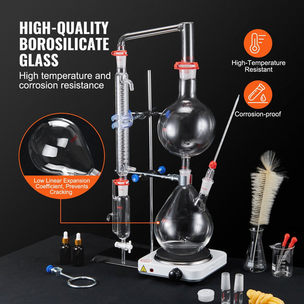 Vevor Essential Oil Distillation Kit 2000Ml Apparatus 3.3 Boro Lab Glassware With 1000W Heating Plate And 24 40 Joint 28 Pcs Set Equipment