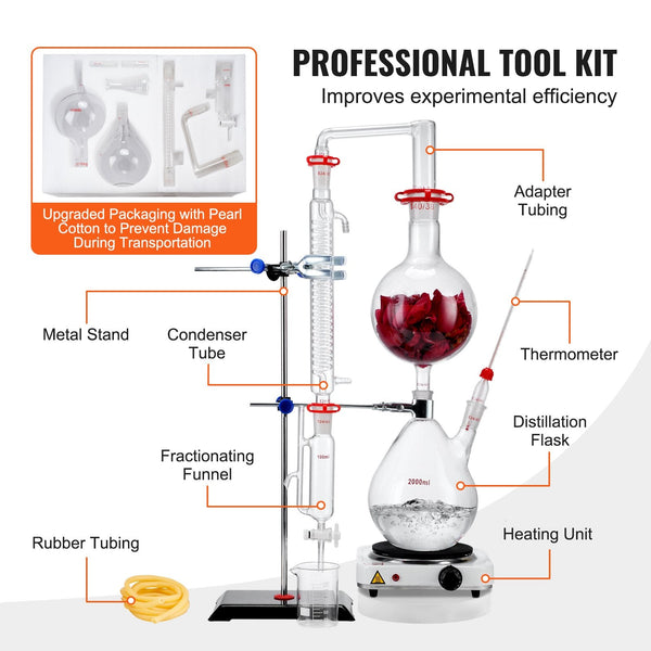 Vevor Essential Oil Distillation Kit 2000Ml Apparatus 3.3 Boro Lab Glassware With 1000W Heating Plate And 24 40 Joint 28 Pcs Set Equipment