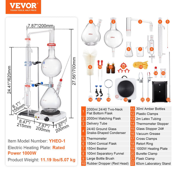 Vevor Essential Oil Distillation Kit 2000Ml Apparatus 3.3 Boro Lab Glassware With 1000W Heating Plate And 24 40 Joint 28 Pcs Set Equipment