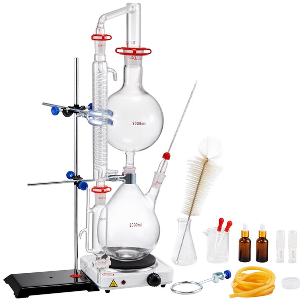 Vevor Essential Oil Distillation Kit 2000Ml Apparatus 3.3 Boro Lab Glassware With 1000W Heating Plate And 24 40 Joint 28 Pcs Set Equipment