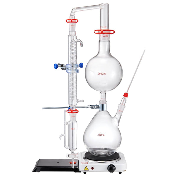 Vevor Essential Oil Distillation Kit 2000Ml Apparatus 3.3 Boro Lab Glassware With 1000W Heating Plate And 24 40 Joint 28 Pcs Set Equipment