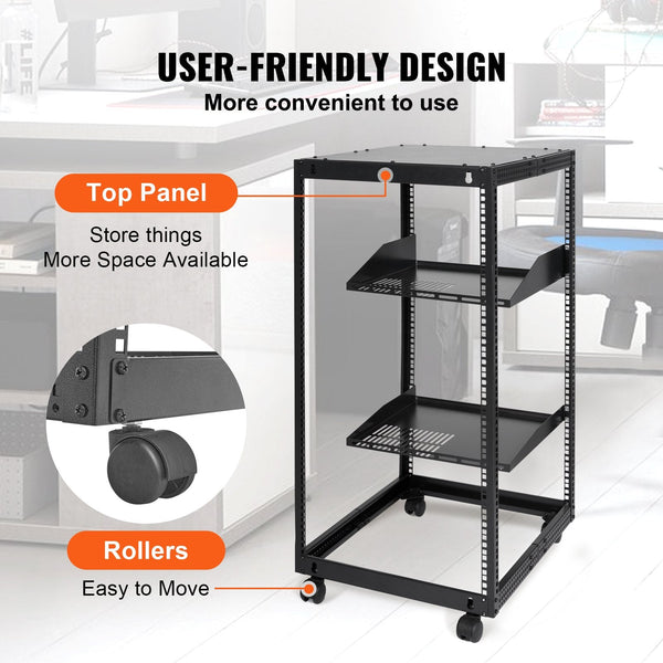 Vevor 20U Open Frame Server Rack 15'' 40'' Adjustable Depth Free Standing Or Wall Mount Network Post Av With Casters Holds All Your Networking It Equi