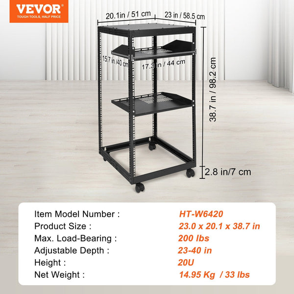 Vevor 20U Open Frame Server Rack 15'' 40'' Adjustable Depth Free Standing Or Wall Mount Network Post Av With Casters Holds All Your Networking It Equi