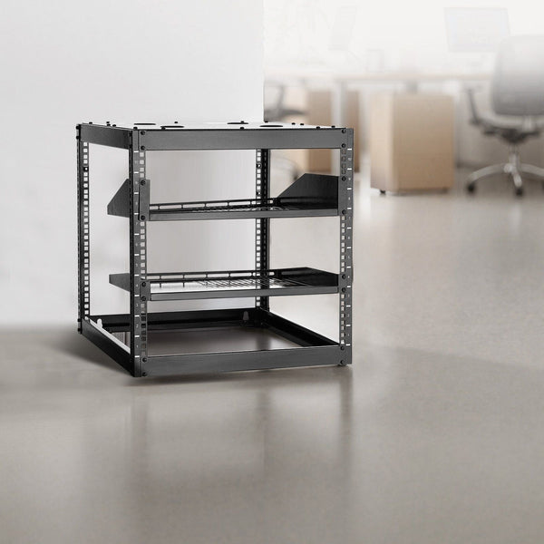 10U Open Frame Network Rack 585 Mm Depth Wall Mounted Or Floor Standing Server Heavy Duty 4 Post With Vented Shelves & Mounting Hardware Holds All You