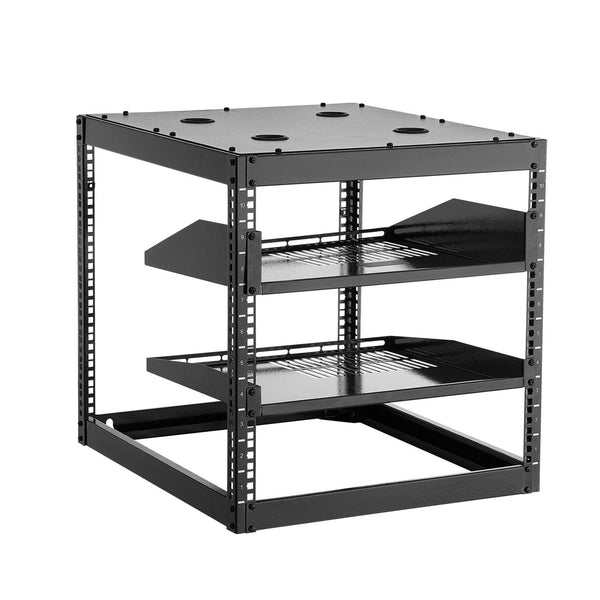 10U Open Frame Network Rack 585 Mm Depth Wall Mounted Or Floor Standing Server Heavy Duty 4 Post With Vented Shelves & Mounting Hardware Holds All You