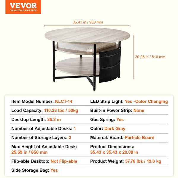 Vevor Lift Top Coffee Table 35.3" Round For Living Room White Coffee Tables