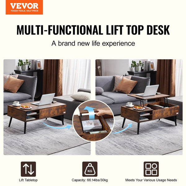 Vevor Lift Top Coffee Table 39.4 In Rectangle For Living Room Brown Coffee Tables