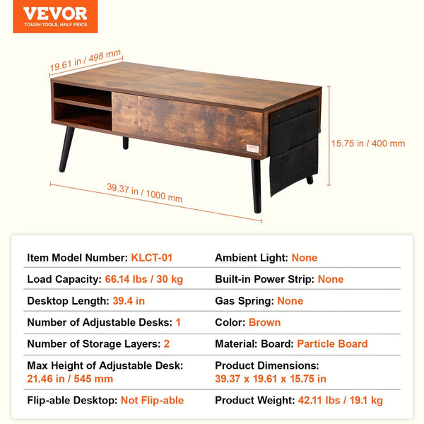 Vevor Lift Top Coffee Table 39.4 In Rectangle For Living Room Brown Coffee Tables
