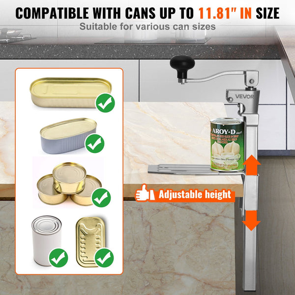 Vevor Commercial Can Opener Heavy Duty Manual Tabletop Cans For Up To 300 Mm Height Height Adjustable Professional Openers With Stainless Steel Blade