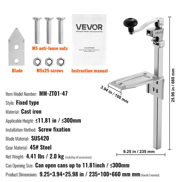 Vevor Commercial Can Opener Heavy Duty Manual Tabletop Cans For Up To 300 Mm Height Height Adjustable Professional Openers With Stainless Steel Blade