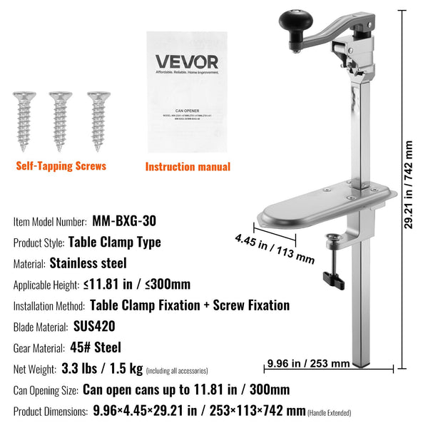 Vevor Commercial Can Opener Heavy Duty Manual Tabletop Cans For Up To 300 Mm Height Height Adjustable Openers Fixed With Screws & Clamp Restaurant Hot