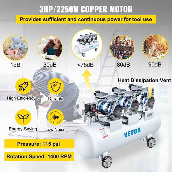 Oil Free Air Compressor Tank 100L 3Hp Ultra Silent Inflator Other Air Tools