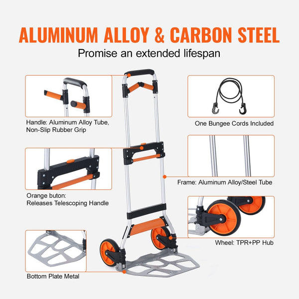 Vevor Folding Hand Truck 140 Kg Load Capacity Aluminum Portable Cart Convertible And Dolly With Telescoping Handle Pp+Tpr Wheels Ultra Lightweight Sup