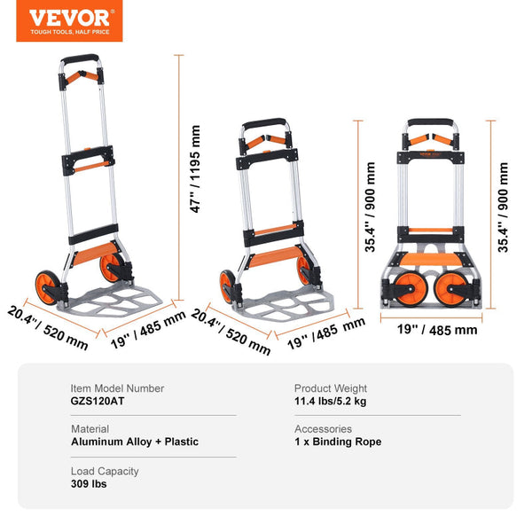 Vevor Folding Hand Truck 140 Kg Load Capacity Aluminum Portable Cart Convertible And Dolly With Telescoping Handle Pp+Tpr Wheels Ultra Lightweight Sup