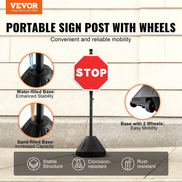 Sign Post 5 Ft Cast Iron Holder With Hard Plastic Base & Wheels Movable Parking Stand For No Street Signs Handicap Bolts Nuts Black Plaques & Signs