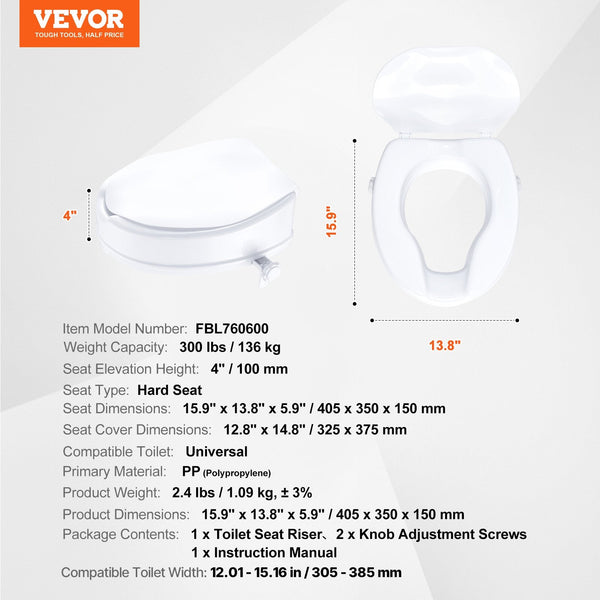 Vevor Raised Toilet Seat 100 Mm Height 136 Kg Weight Capacity Universal Riser Screw Rod Locking With For Elderly Handicap Patient Pregnant Medical Toi