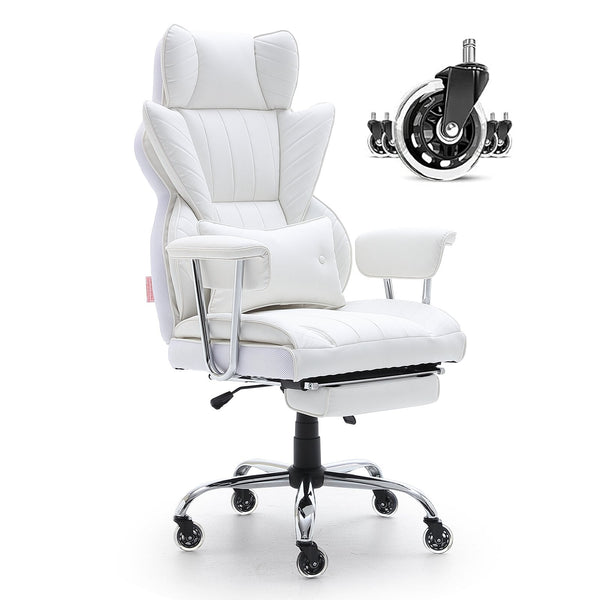Vevor Reclining Office Chair With Footrest Heavy Duty Pu Leather Wide Big And Tall Executive Chairs Lumbar Support Strong Metal Base Quiet Wheels Whit