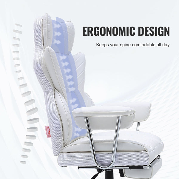 Vevor Reclining Office Chair With Footrest Heavy Duty Pu Leather Wide Big And Tall Executive Chairs Lumbar Support Strong Metal Base Quiet Wheels Whit