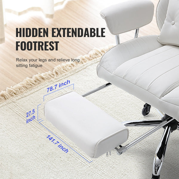 Vevor Reclining Office Chair With Footrest Heavy Duty Pu Leather Wide Big And Tall Executive Chairs Lumbar Support Strong Metal Base Quiet Wheels Whit