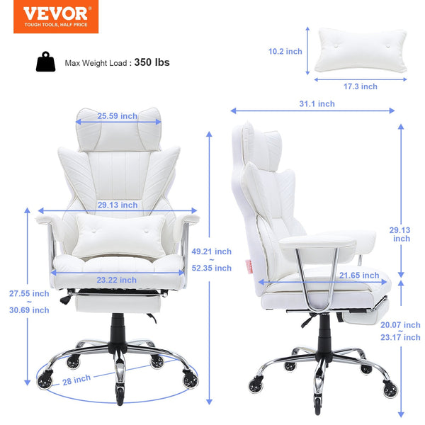 Vevor Reclining Office Chair With Footrest Heavy Duty Pu Leather Wide Big And Tall Executive Chairs Lumbar Support Strong Metal Base Quiet Wheels Whit