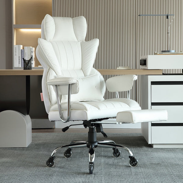 Vevor Reclining Office Chair With Footrest Heavy Duty Pu Leather Wide Big And Tall Executive Chairs Lumbar Support Strong Metal Base Quiet Wheels Whit