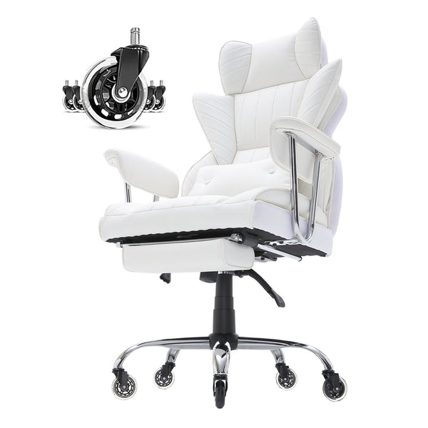 Vevor Reclining Office Chair With Footrest Heavy Duty Pu Leather Wide Big And Tall Executive Chairs Lumbar Support Strong Metal Base Quiet Wheels Whit