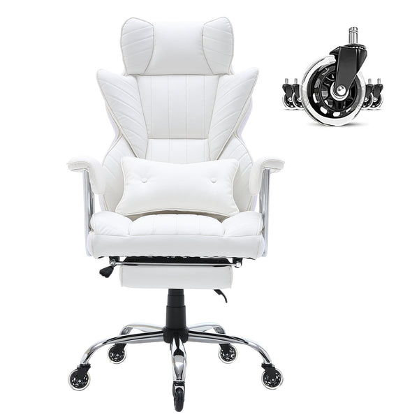 Vevor Reclining Office Chair With Footrest Heavy Duty Pu Leather Wide Big And Tall Executive Chairs Lumbar Support Strong Metal Base Quiet Wheels Whit