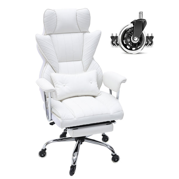 Vevor Reclining Office Chair With Footrest Heavy Duty Pu Leather Wide Big And Tall Executive Chairs Lumbar Support Strong Metal Base Quiet Wheels Whit