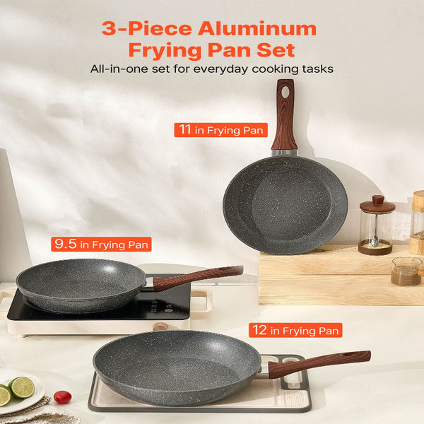 Vevor Frying Pan Skillet Aluminum Egg Pans 3 Piece Set (250 280 325 Mm) Nonsitck Heavy Duty Skillets With Heat Resistant Handle Chef's Kitchen Cookwar