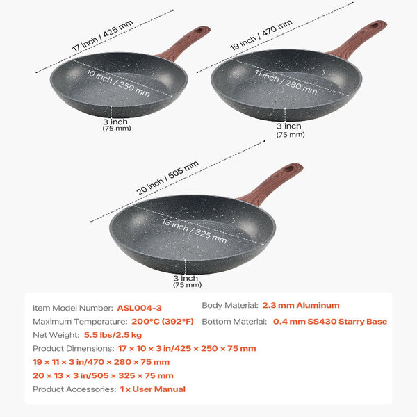Vevor Frying Pan Skillet Aluminum Egg Pans 3 Piece Set (250 280 325 Mm) Nonsitck Heavy Duty Skillets With Heat Resistant Handle Chef's Kitchen Cookwar