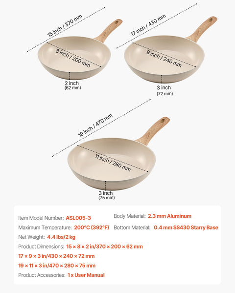 Vevor Frying Pan Skillet Aluminum Egg Pans 3 Pcs (200 240 280 Mm) Nonsitck Ceramic Heavy Duty Skillets With Heat Resistant Handle Chef's Kitchen Cookw